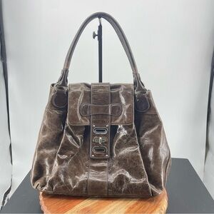 Badgley Mischka Amber brown leather turnlock silver hardware hobo bag
